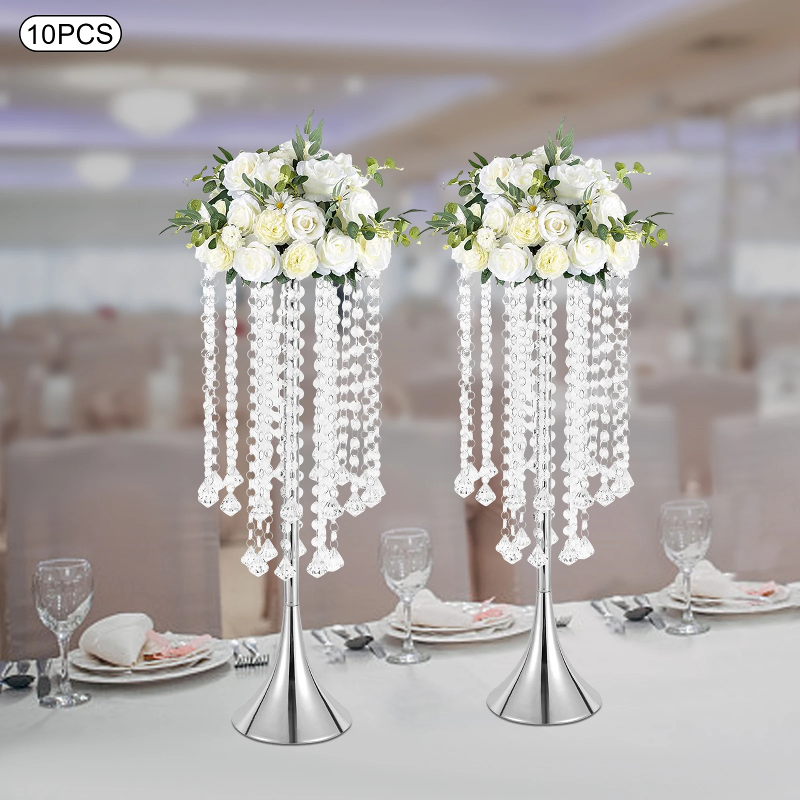 

10 Pieces 55.6cm Silver Vase with Crystal Tassels Banquet Table Top Decorative Flower Base High Load-bearing Display Stand