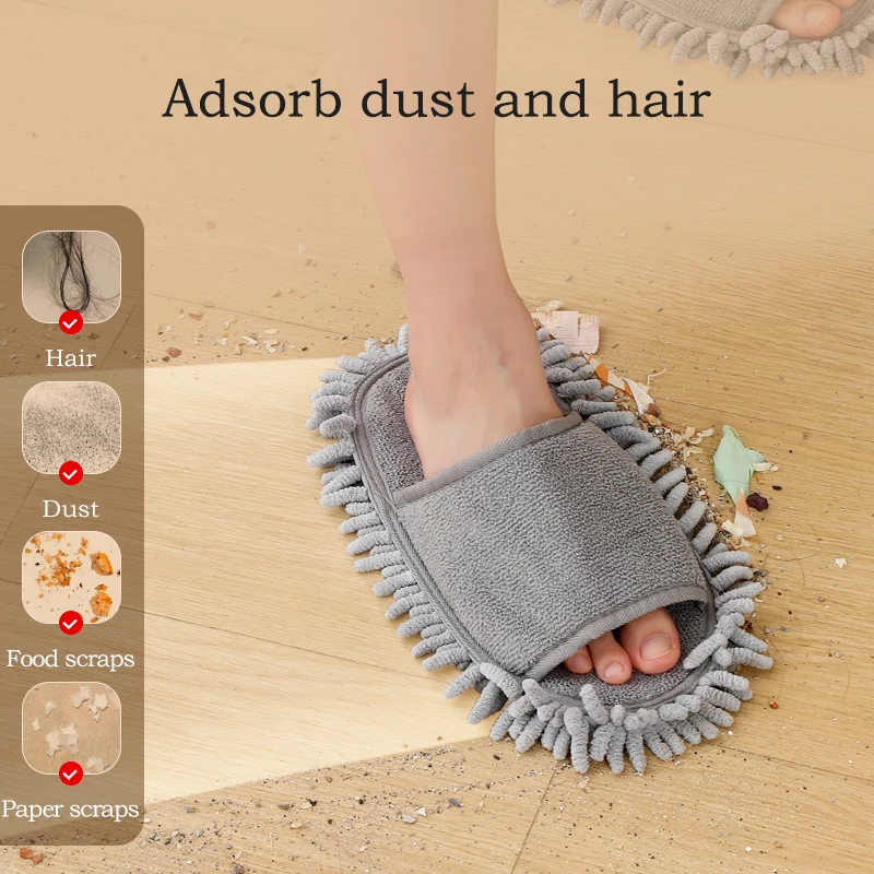 Slippers for Spring and Autumn, Household Floor Cleaning Slippers, Chenille Silent Slippers, Wooden Floor Cleaning Open-Toe Non-Slip Lazy Slippers