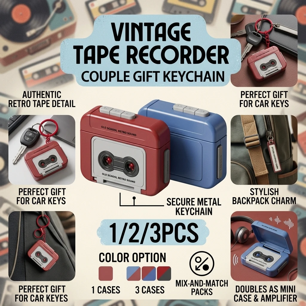 Vintage Tape Recorder Couple Gift Keychain Mini Recordable Mini Retro Cassette Recorder Classic Fun Red and Blue Couple Gifts