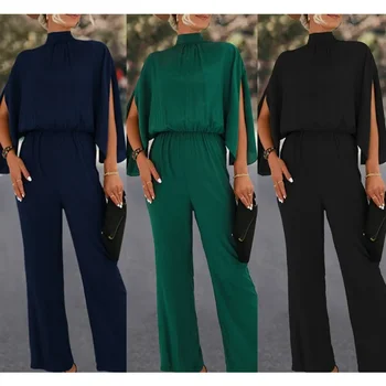 여성용 캐주얼 단색 슬림 플리츠 점프수트, 하이 칼라 스플릿 긴팔 호른 점프수트, 2024 용수철 가을