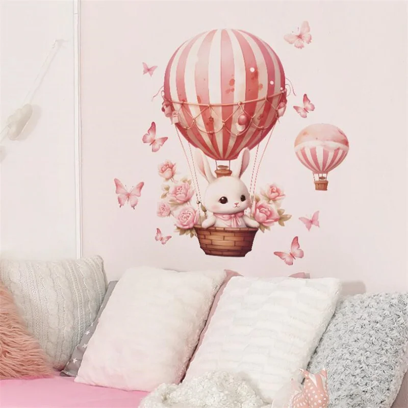 Cartoon Pink Cute Bunny Hot Air Balloon Flower Butterfly Wall Sticker For Girl’s Bedroom Entrance Home Decoration Self-Adhesive