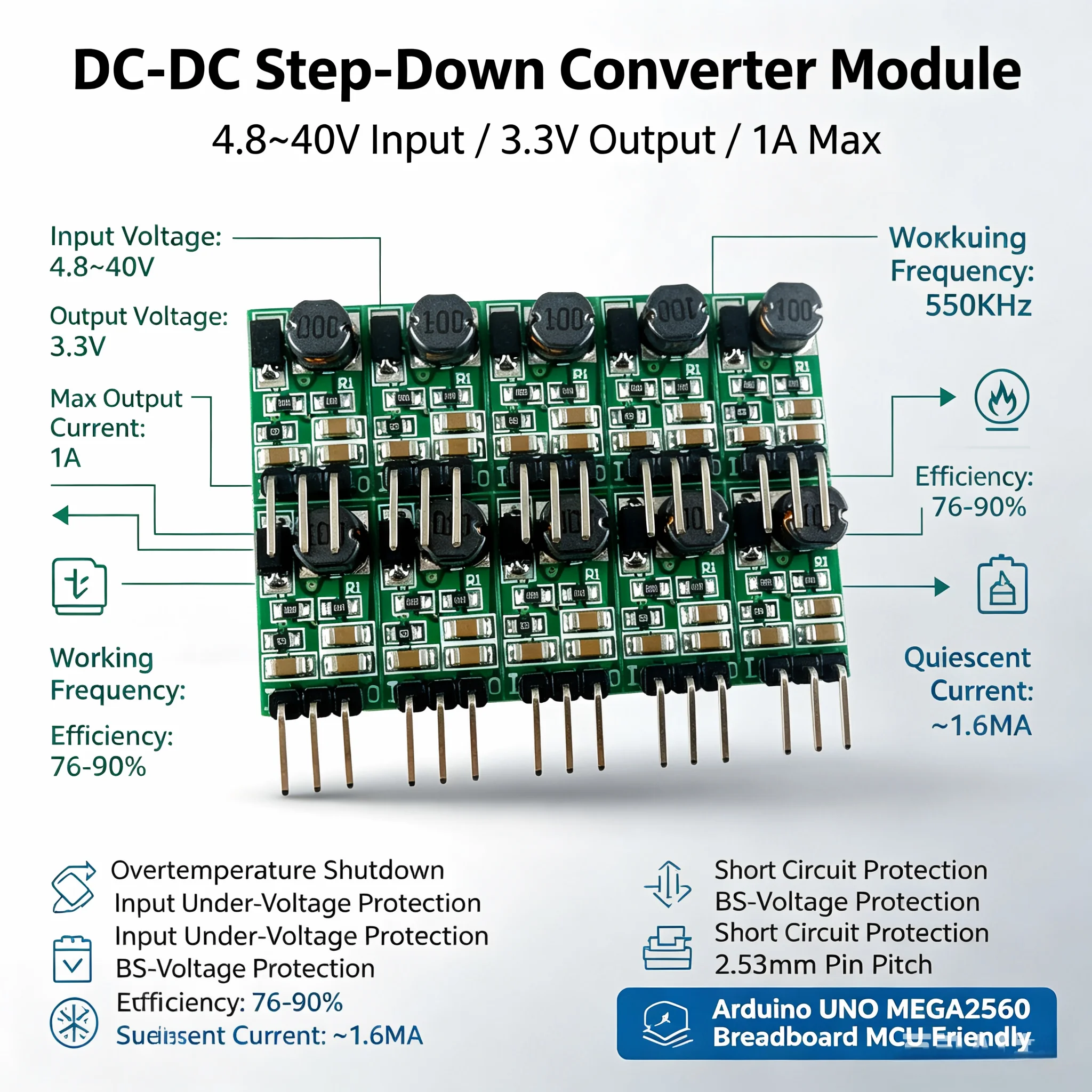 10 Pcs  Wide Input 5-40V to 3.3V DC-DC Buck Module for 1117 LDO Replacement