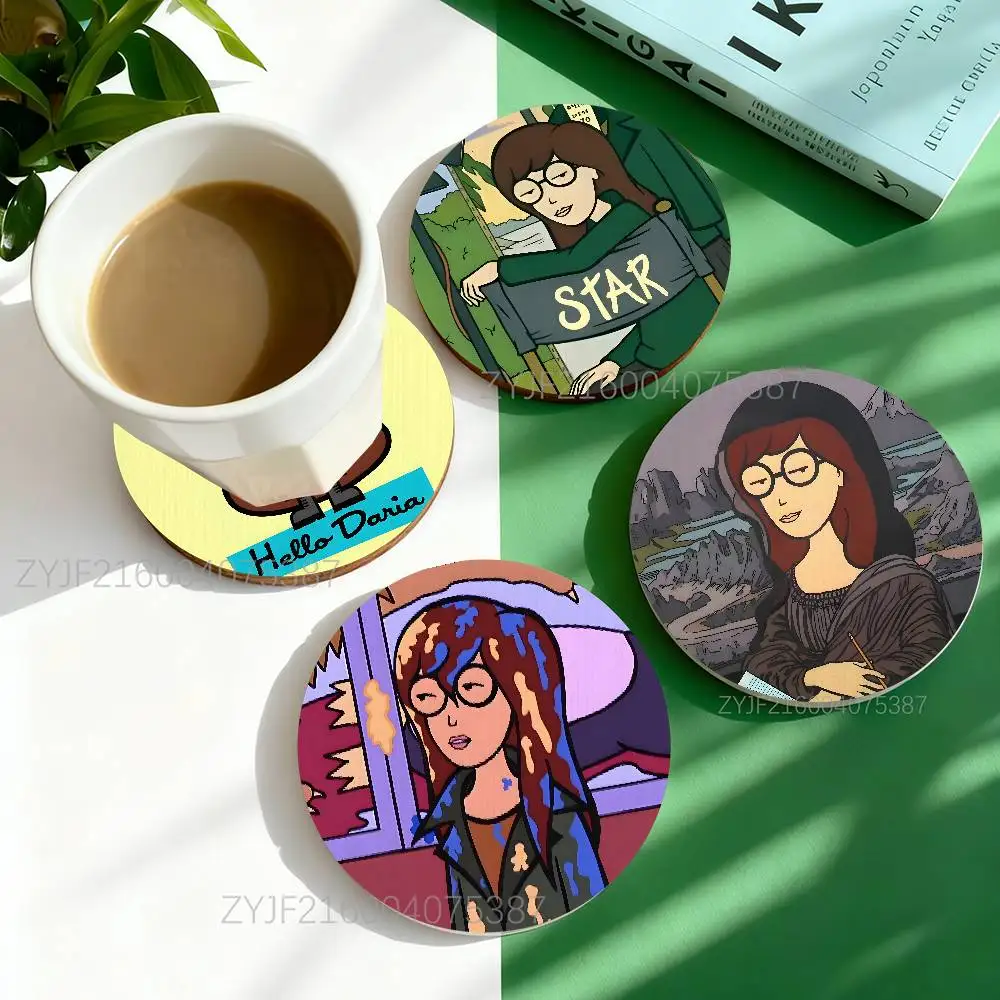 

D-Daria Round Wooden Coasters Heat Resistant Non-slip Drink Cafe Decoration 2D Flat Color Print Coasters Set