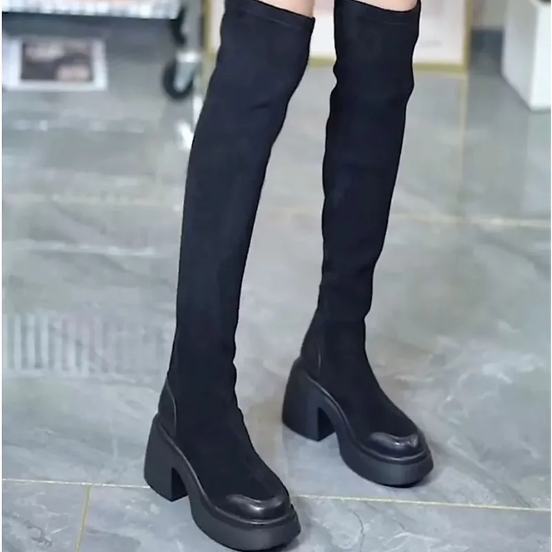 Botas altas de nieve largas por encima de la rodilla para mujer, zapatos de plataforma de cabeza redonda de tacón grueso, moda occidental, caballero de invierno