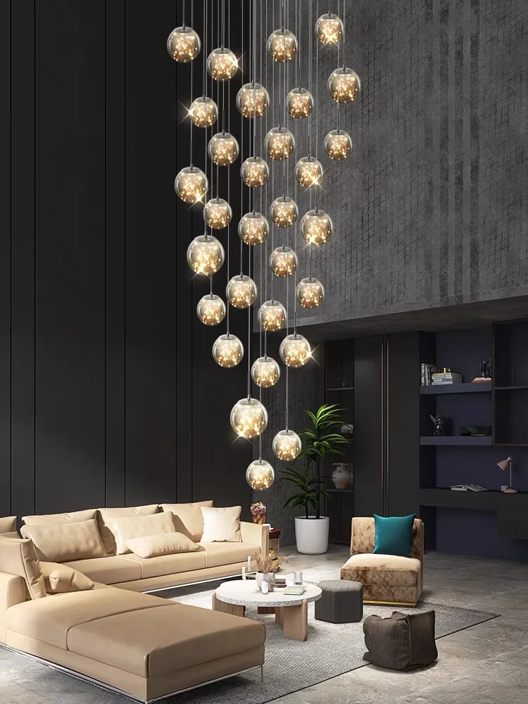 Modern Gypsophila LED Chandelier Glass Ball Lampshade Pendant Lights For Staircase Duplex Villa Loft Living Room LED String Lamp