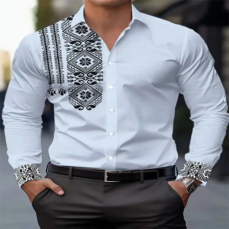 Men's ethnic printed casual shirt - black and white geometric pattern regular button top, suitable for daily and semi formal wea