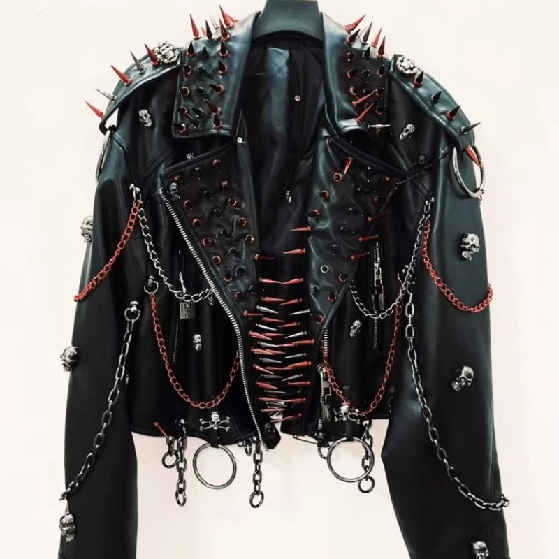 Original Punk Heavy Industry Black Women's Coat Autumn New Red Rivet Chain Dark Sweet Cool Personalized Leather Jacket Ladies