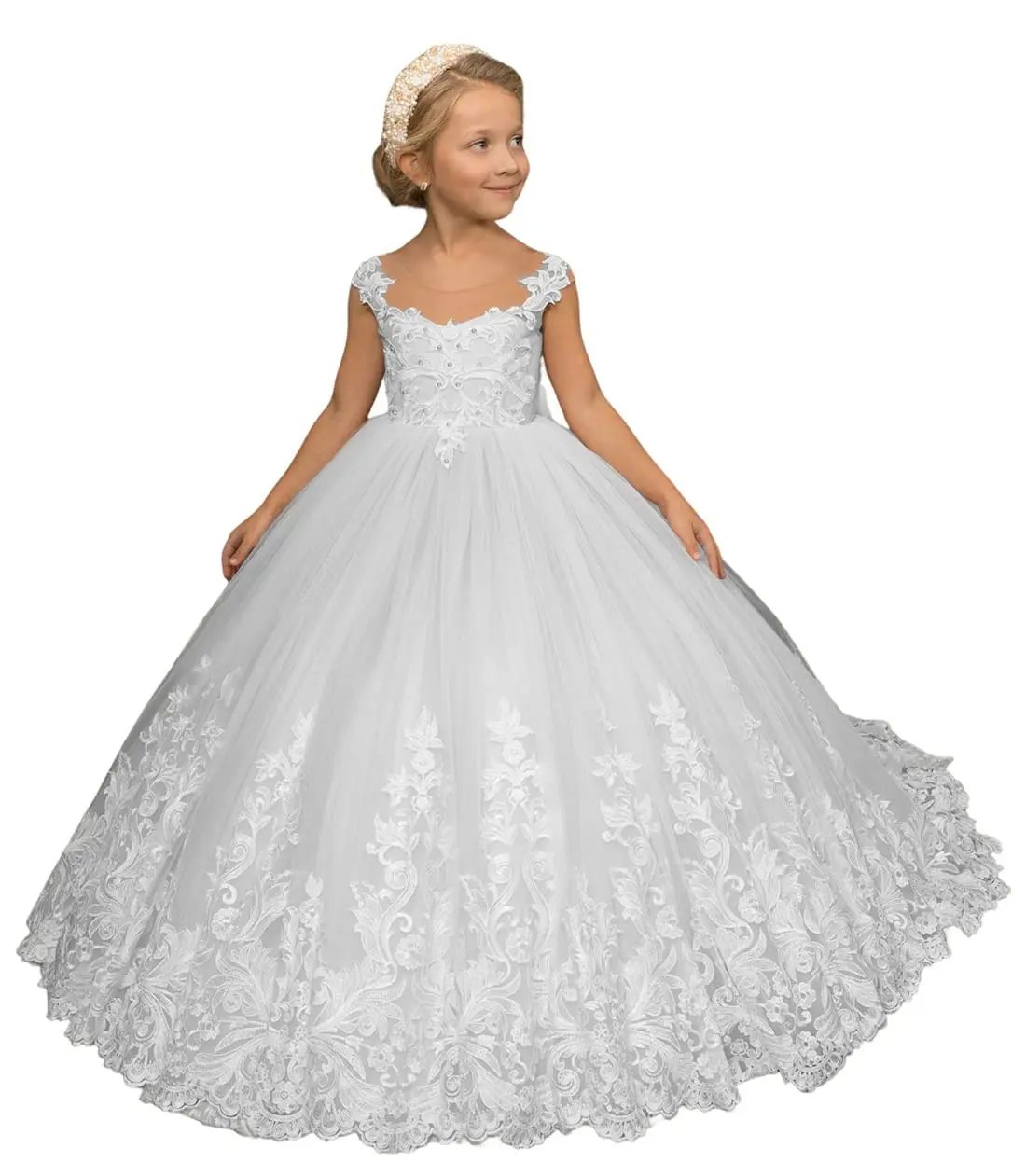 Flower Girl Dresses For Wedding With Bowknot Backless Princess Pageant Dress Beaded Lace Appliques First Communion Party Gown