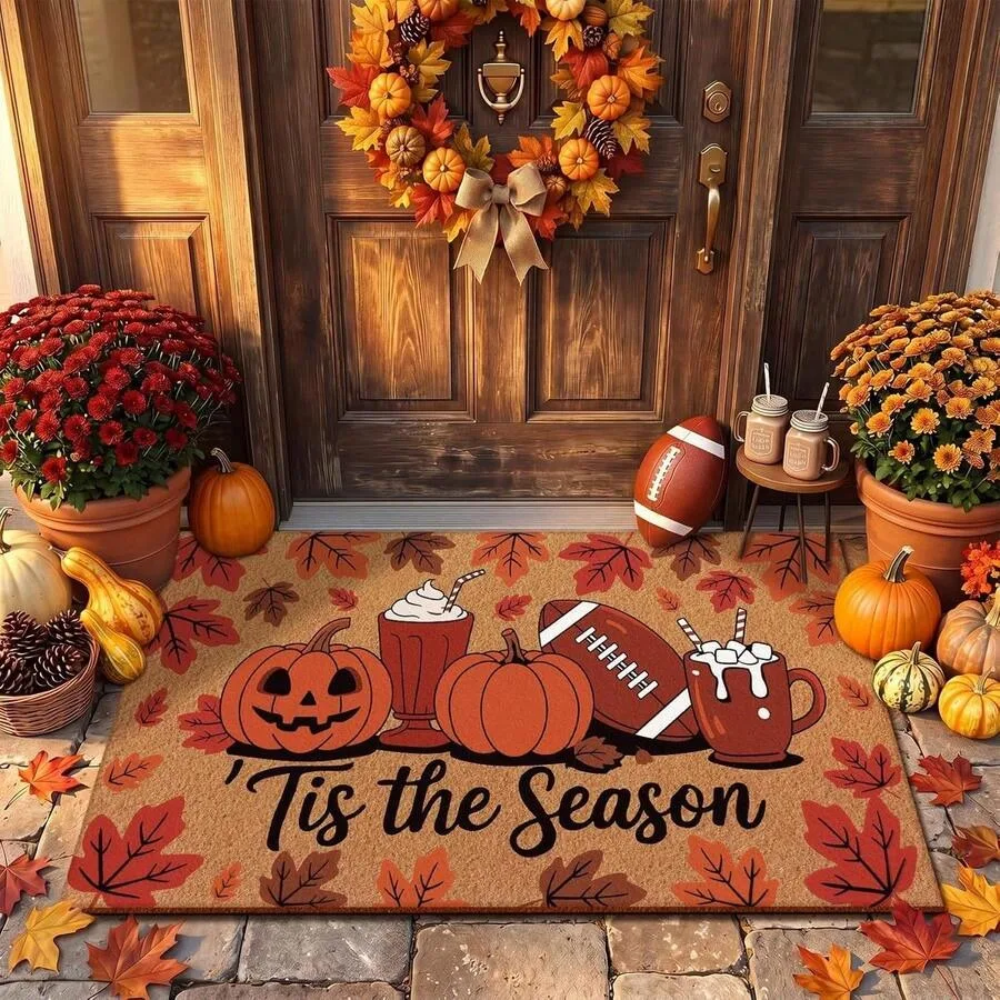 Tis The Season Fall Doormat Pumpkin Football Maple Leaf Print Entrance Floor Mat Autumn Harvest Home Welcome Decor Rug