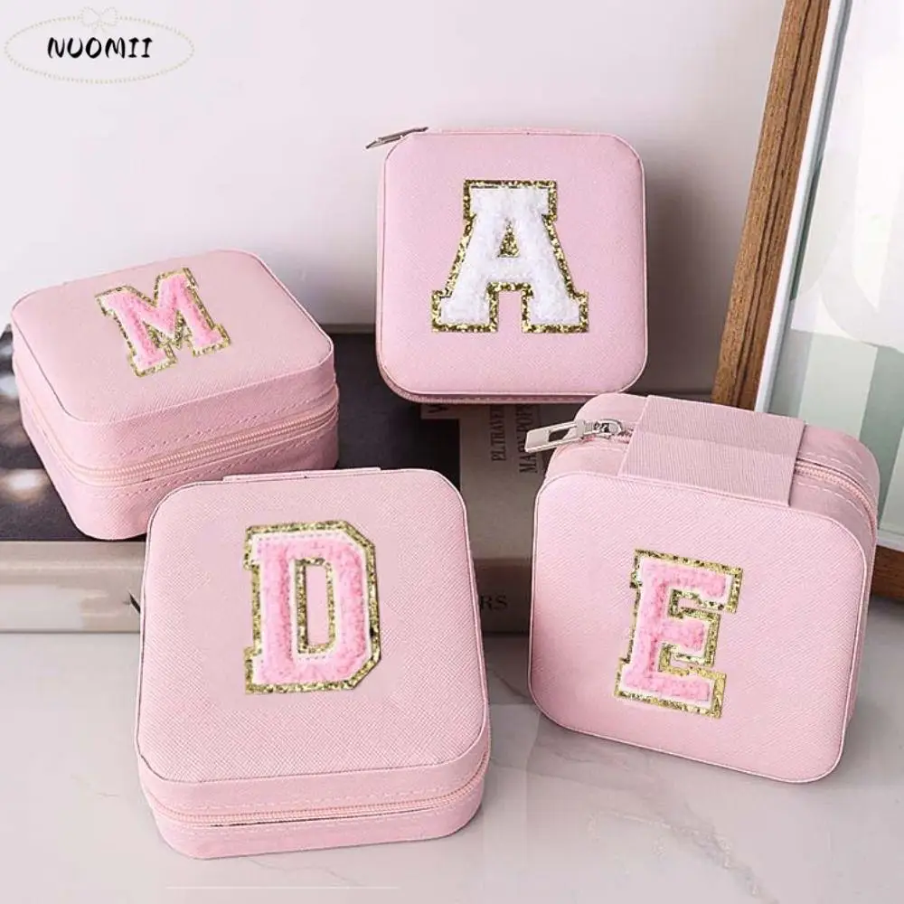 

Simple Pink Leather Jewelry Storage Box Zipper with Mirror Rings Bearer Box Organizer Dustproof Letter Jewelry Case Travel