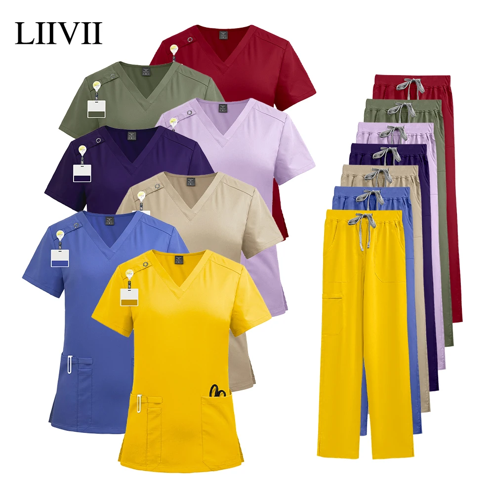 

Unisex Hospital Doctor Workwear Multicolour High Quality Medical Uniforms V-neck Scurbs Set Women Dental Surgery Work Clothes