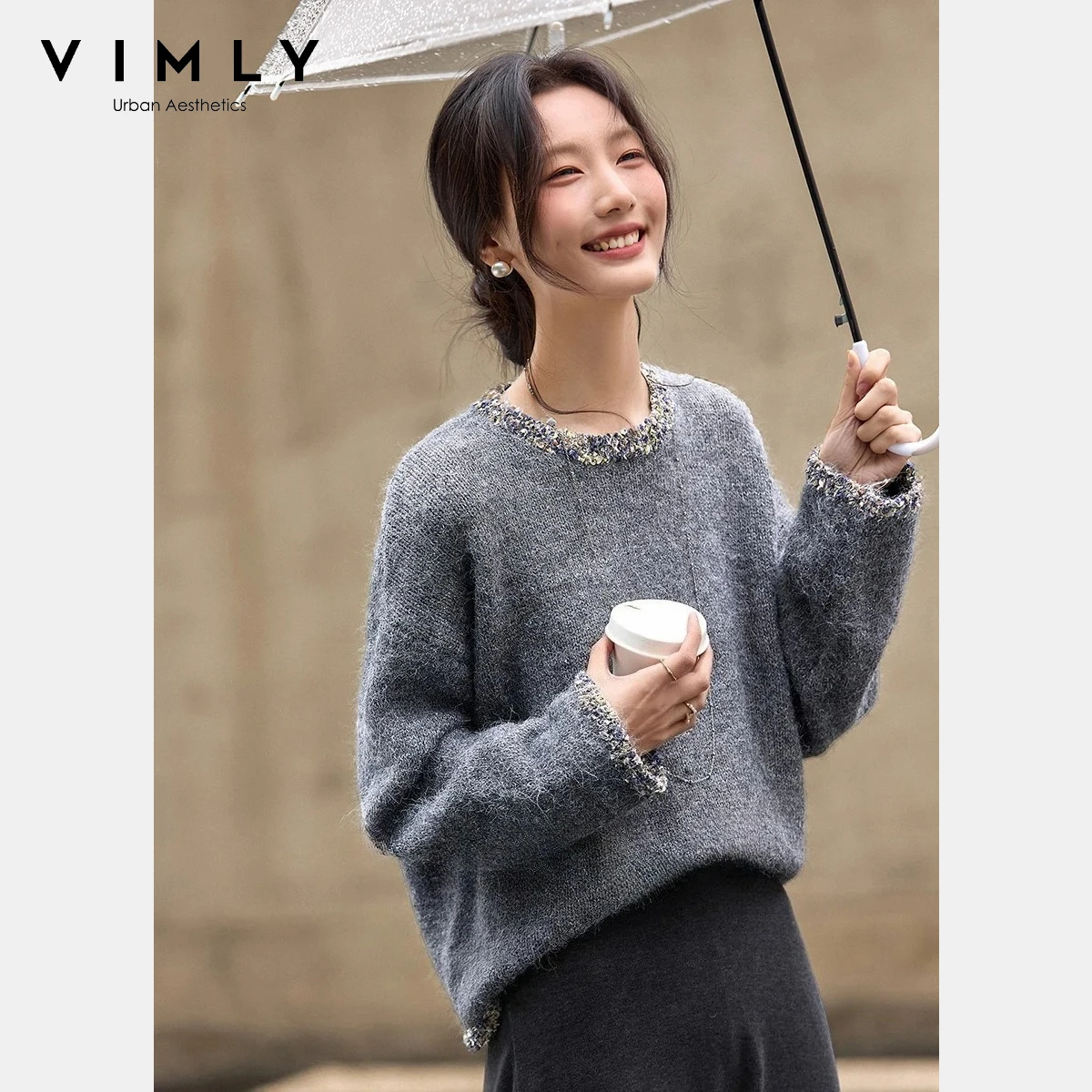 

VIMLY Elegant Women's Sweater 2025 Winter Chic Tweed Round Neck High Elasticity Trimming Knitwear Loose Fit Woman Clothes 30501