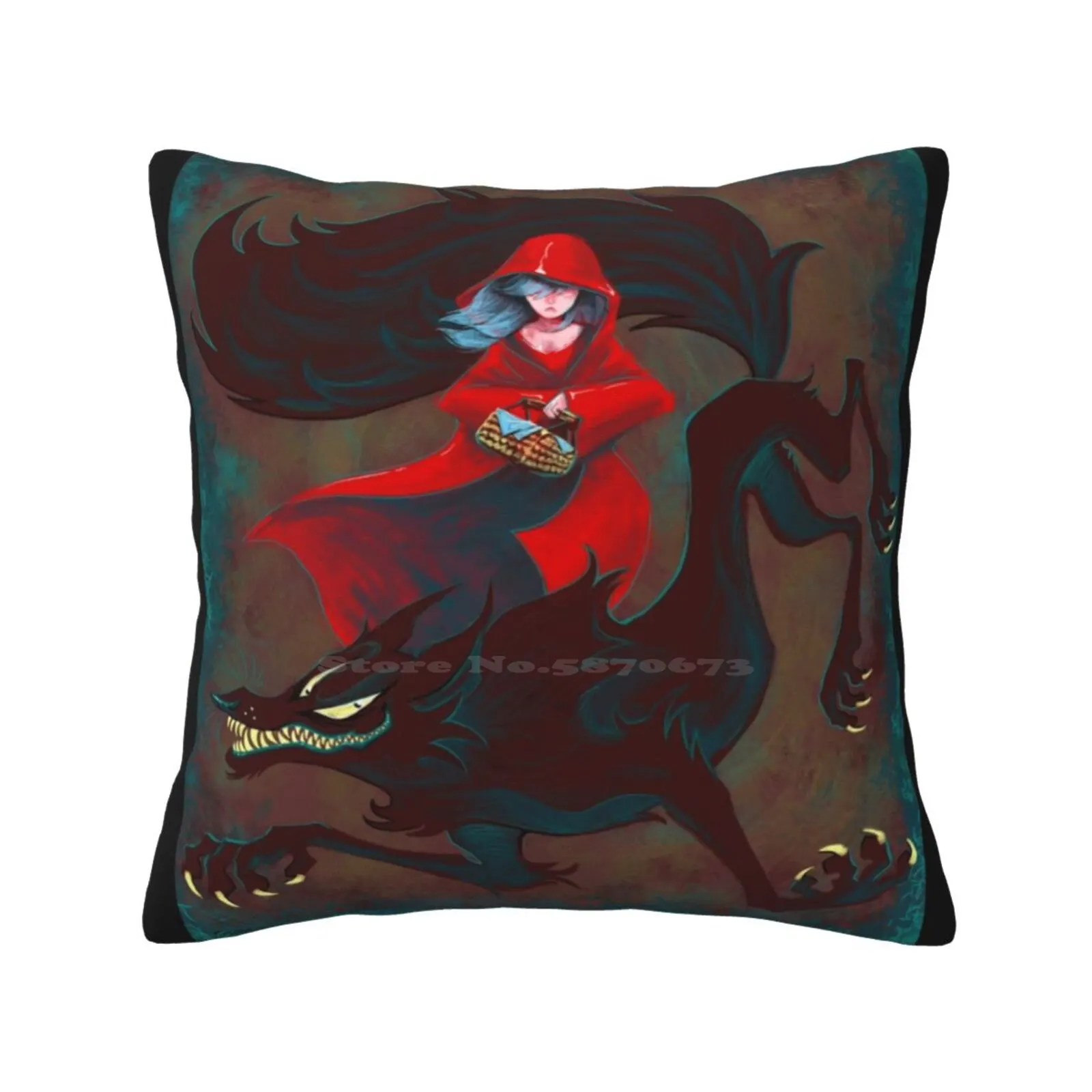 The Big Bad Funny Cute Decor Square Pillowcase Wolf Red Riding Hood Big Bad Lupus Girl Fairy Tale