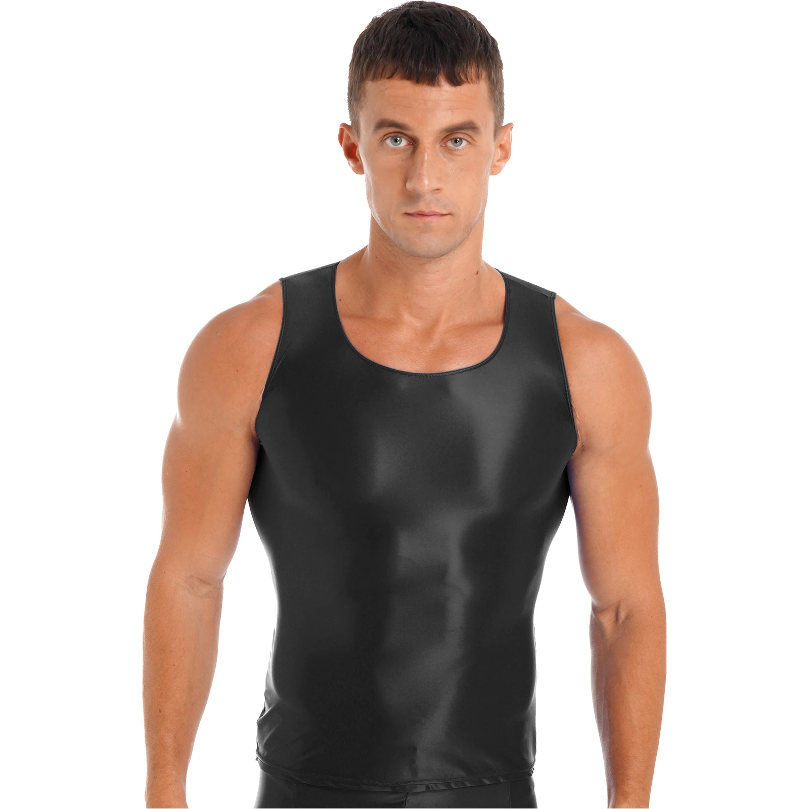 Men Thin Glossy Tank Top Sleeveless Solid Stretchy Semi Sheer Vest Fitness Sportswear Swimwear Beach Surfing Costume Nightwear