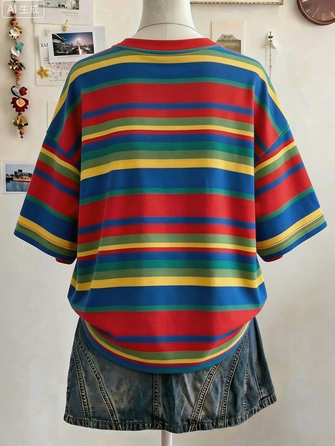 Vintage T-Shirt für Damen mit Regenbogenstreifen, überschnittenen Schultern, Rundhalsausschnitt, kurzen Ärmeln, bunter Streifenmuster, lässig, im Retro-Stil, für den Sommer, Streetwear. – Detail 4