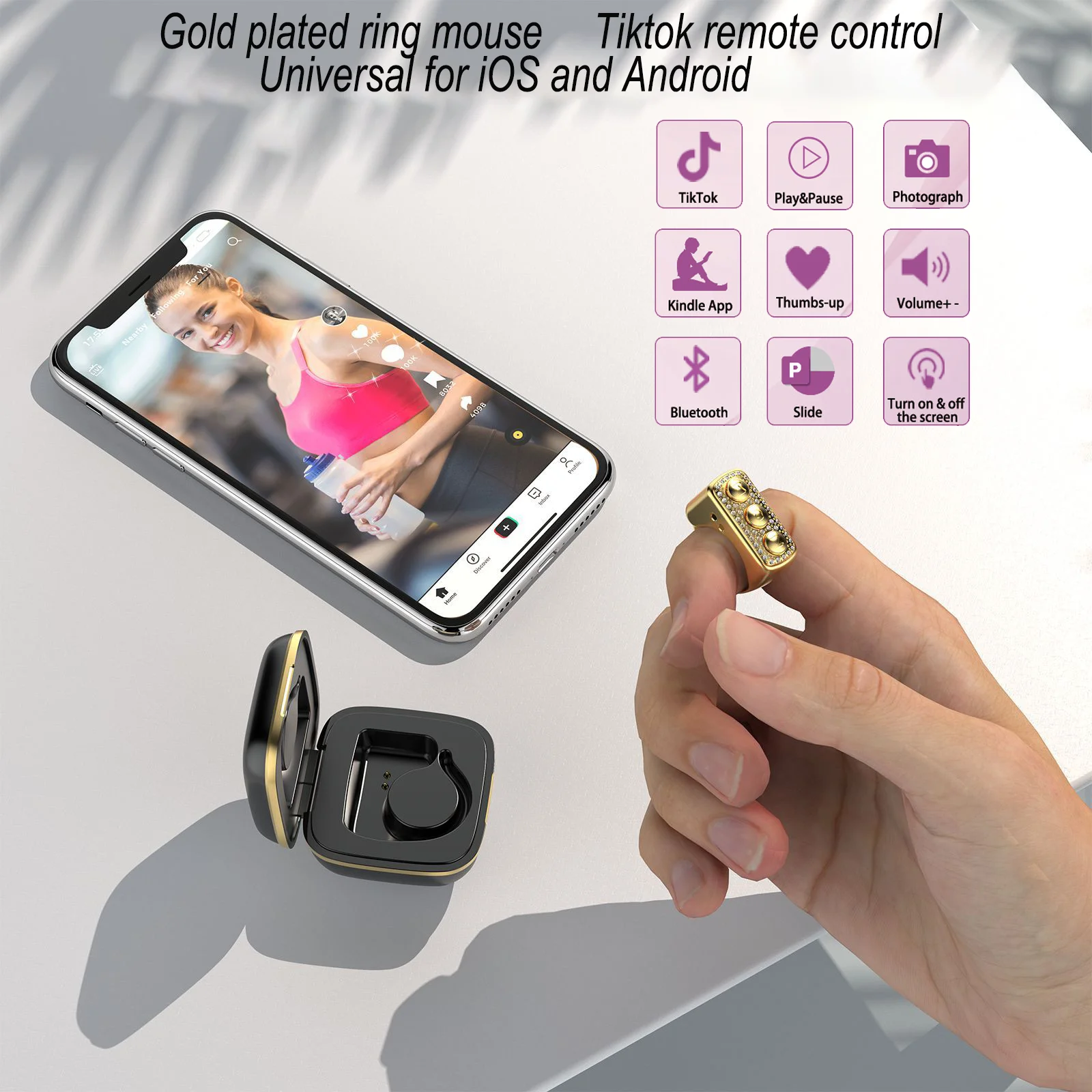 

Mini Ring Mouse Rechargeable Portable Lightweight Tiktok YouTube E-book Bluetooth Remote Control Finger Mouse For Tablet Phone