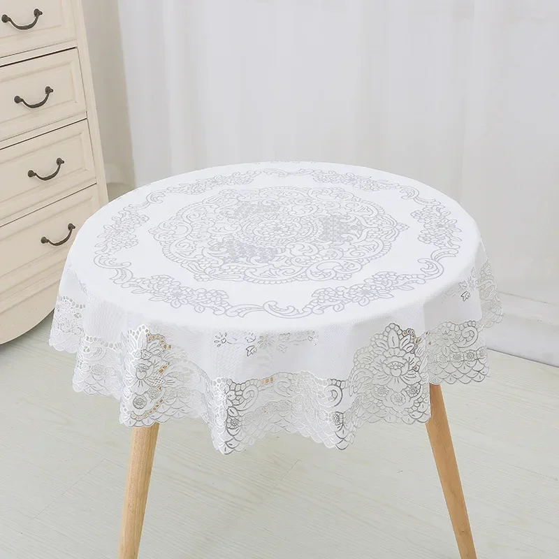 Round Tablecloth 90cm Diameter European Hot Gold Round Table Cloth Round PVC Plastic White Silver Hollowed-out Table Cloth