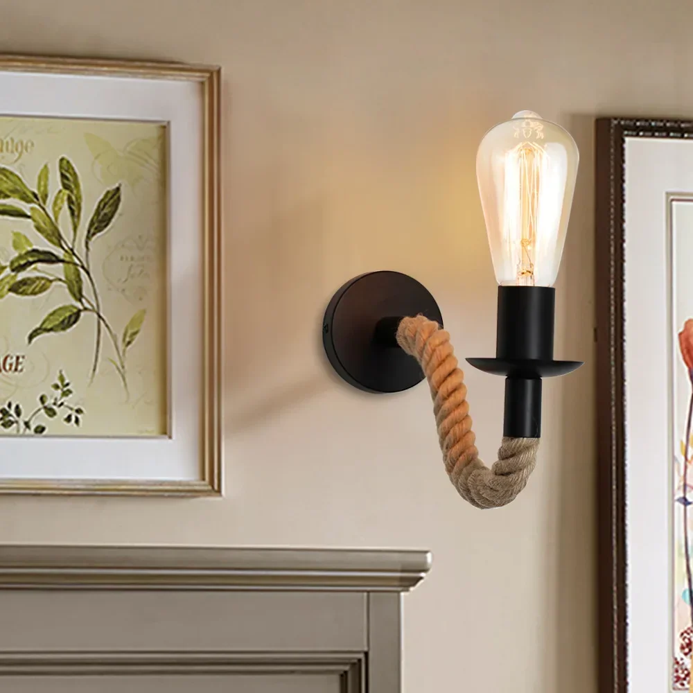 Retro Hemp Rope Wall Lamps E27 Iron Indoor Lamp Holder For Aisle Entrance Corridor Bedside Light AC90-265V Decoration Fixture image 5