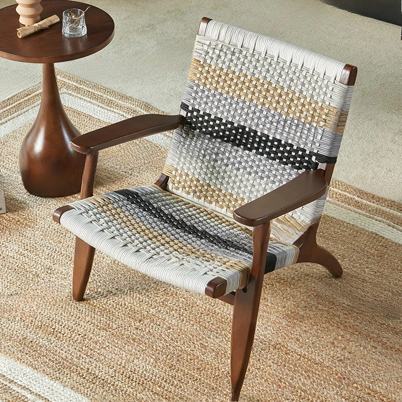 Balcony Comfortable Leisure Sofa Chair Reading Solid Wood Living Room Rope Weaving Lazy Home Back Chair