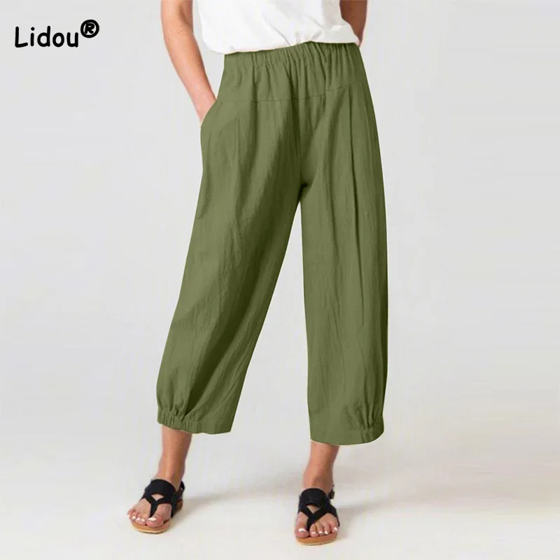 Cotton Linen Solid Color Trousers Spring Summer Elastic High Waist Loose Patchwork Pockets Nine Point Wide Leg Pants for Women