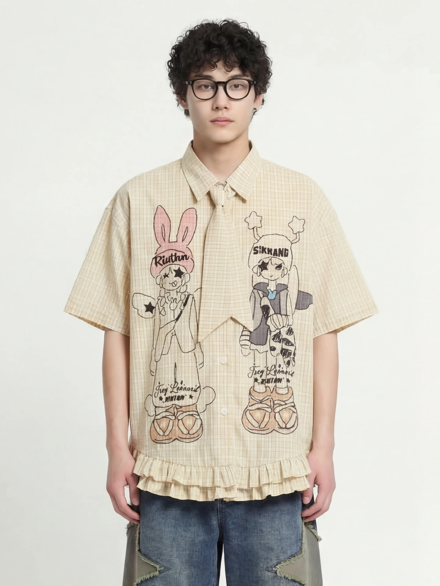 

Loose BF Plaid ort Sve irt Cartoon Anime Print Rabbit Ear Girl Casual Summer Breathable Polyester Cotton Blend irt
