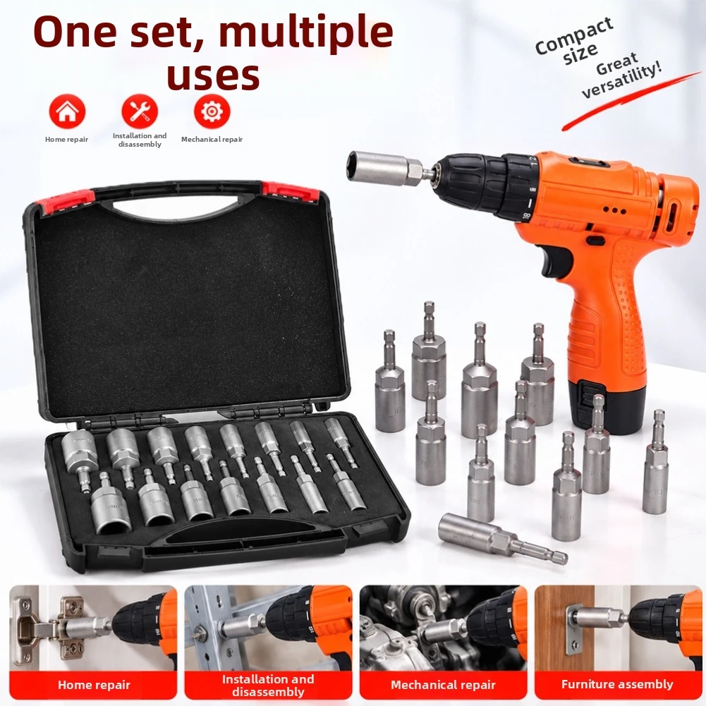 Deep Socket Set 15 pcs 5.5mm to 19mm with 1/4 inch Hex Shank for Cordless and For Electric Drills 35K Steel Build