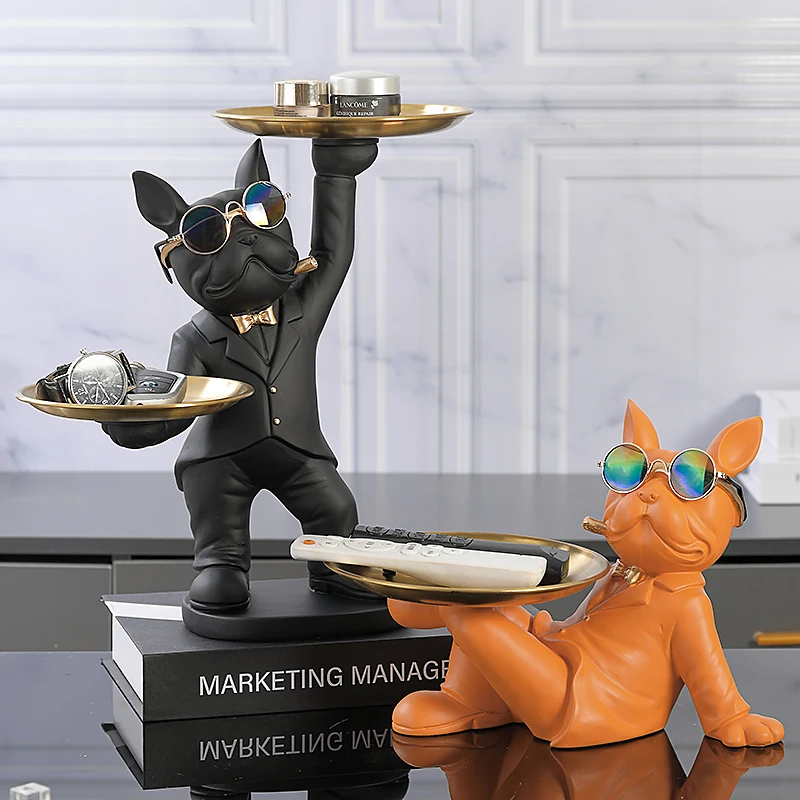 Decor Resin Sculpture French Bulldog Butler with Tray Nordic Decor Sculpture for Live Room Statue for Decor Gay Figurine