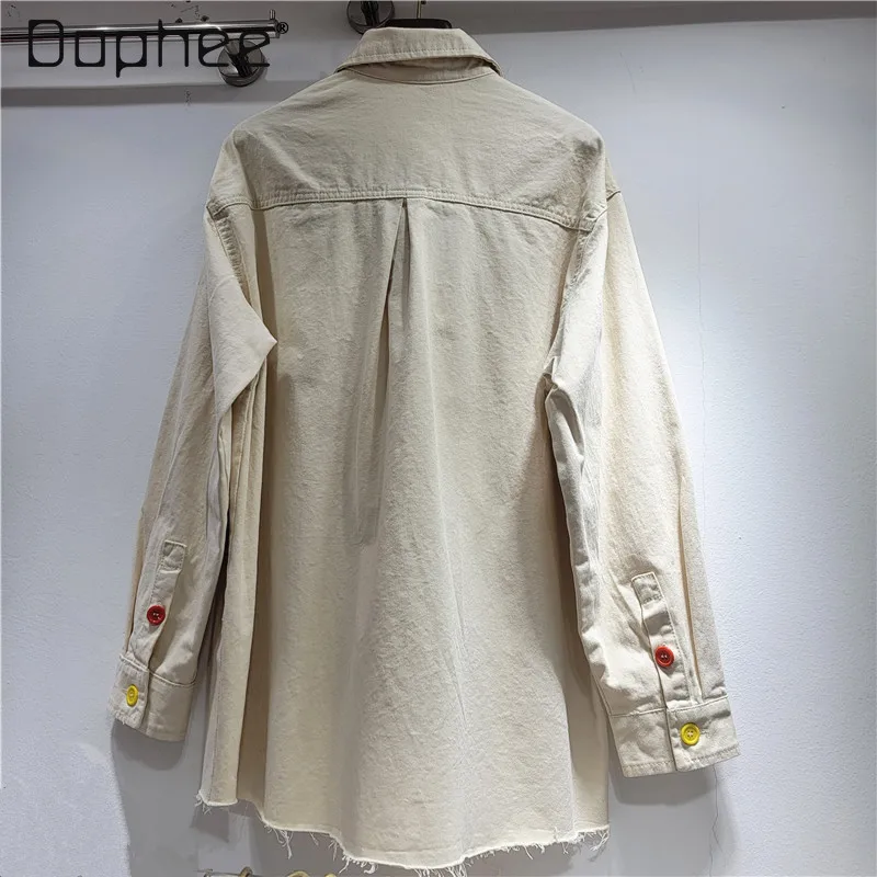 ربيع الخريف جديد الثقيلة التطريز الأزهار قميص دينيم للنساء ركاب نمط موضة فضفاضة عادية كم طويل بلوزة الإناث