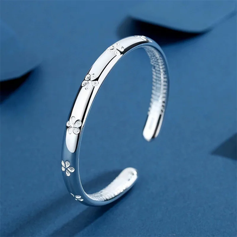 S999 Sterling Silver Four-leaf Clover Open Bracelet Women Adjustable Cuff Bangle Inner Scripture Engraved Silver Jewelry Gift