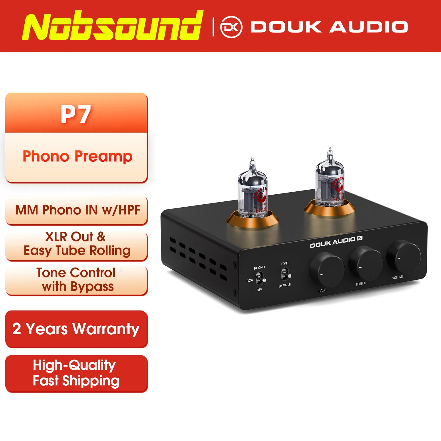 Nobsound P7 Valve Tube Phono Stage Preamp Stereo Pre-amplifier with HPF for MM Turntable Treble&Bass Control
