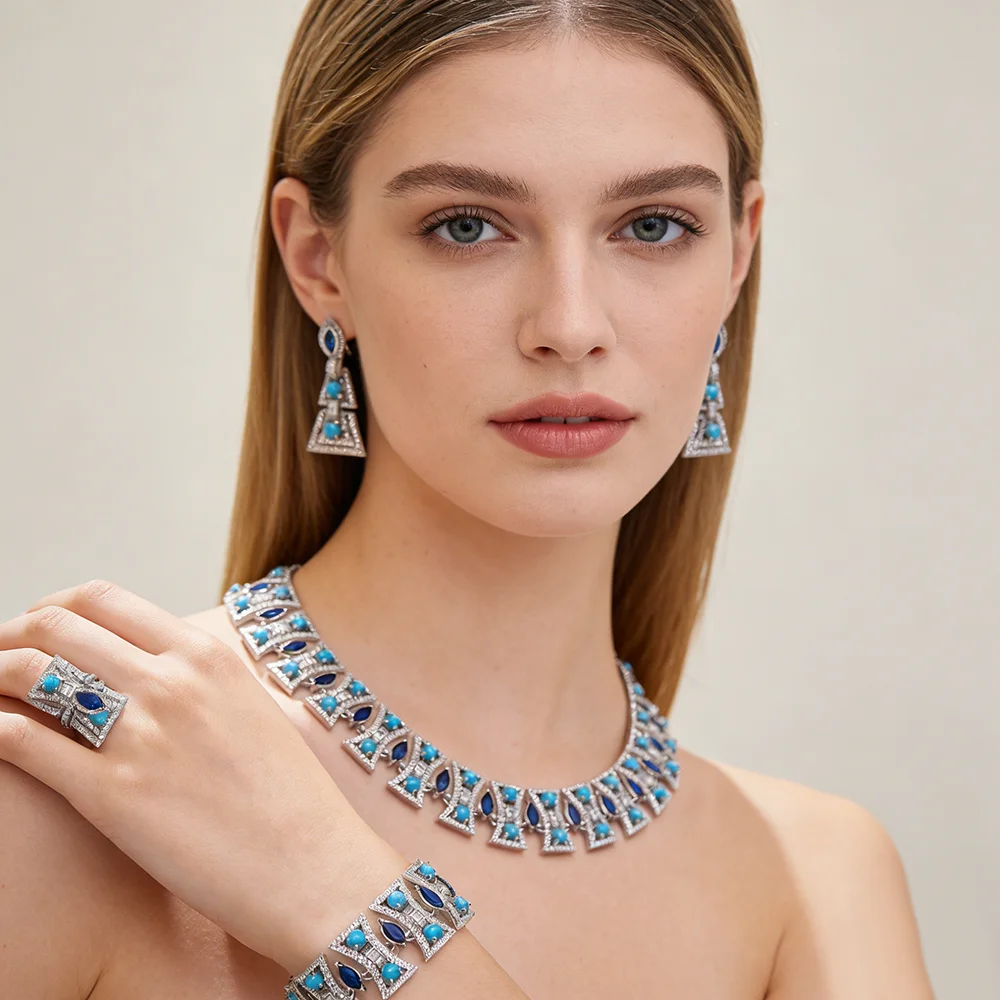 

Fashion Necklace Turquoise Flower Skirt Maple Leaves Pendant Klein Blue Women Gorgeous Evening Dresses Dinner Party Jewelry Sets