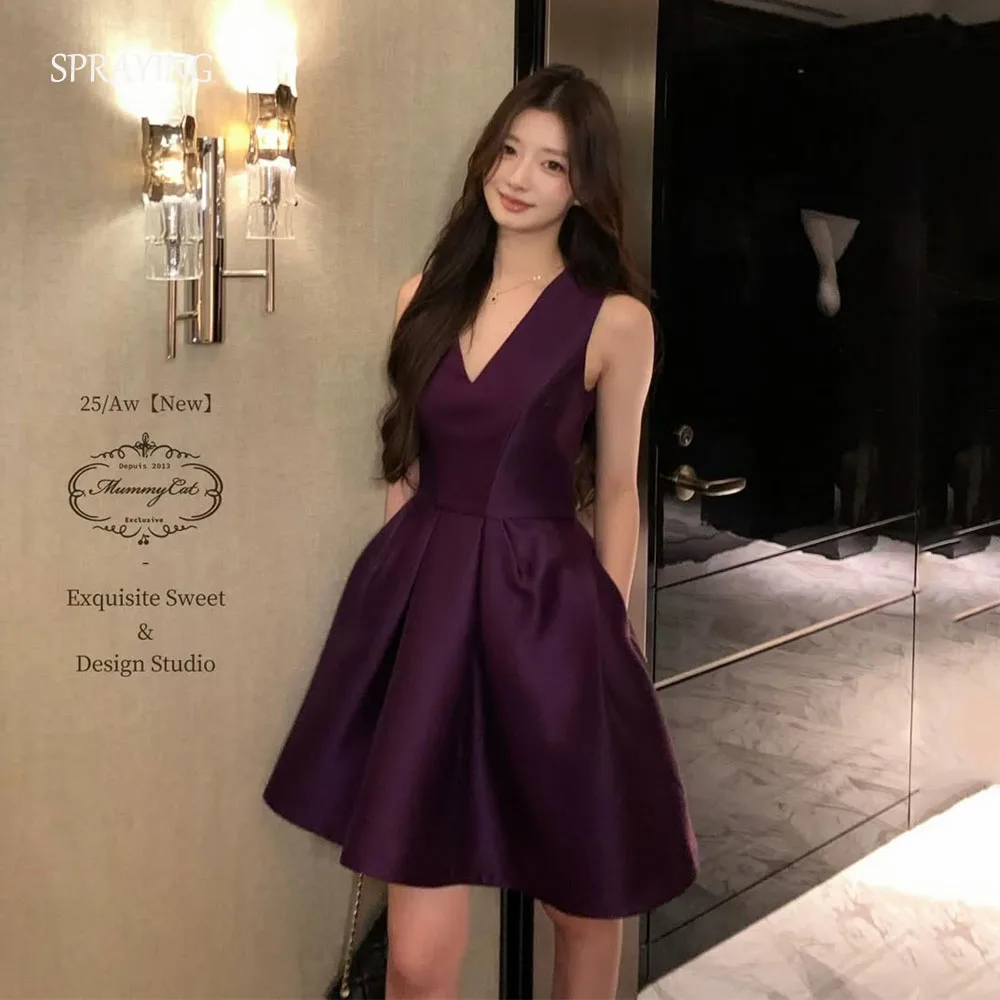 SPRAYING Mini Purple Satin Evening Dress Korea Wedding Photo Shoot V Neck Strap Elegant A line Short Party Dress Customized 2026