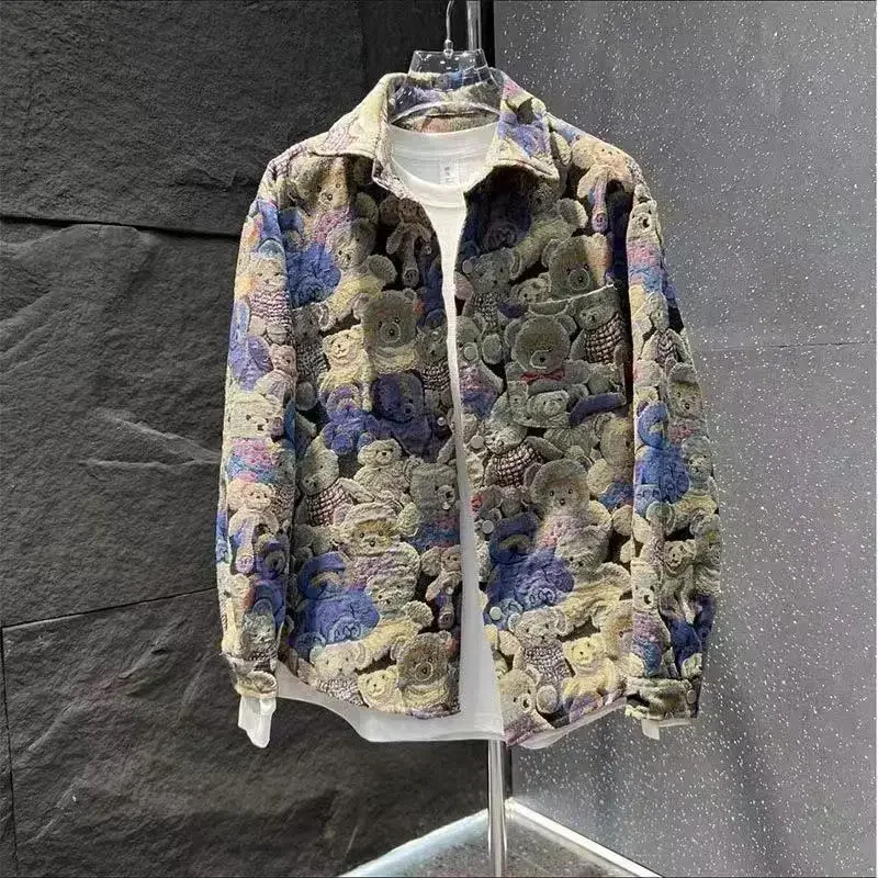 Mens Loose Varsity Bear Full Pattern Baseball Jackets Men and Women Autumn Streetwear Fashion Causal Bomber Outwear Unisex Coat