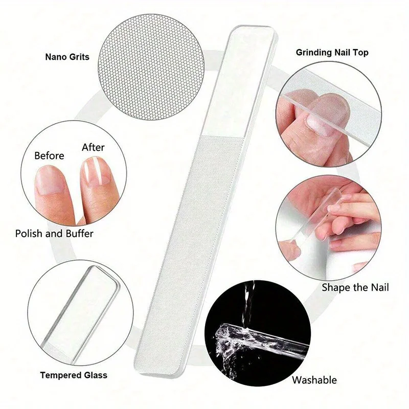 3 stuks professionele nano-glas nagelvijlen strip dubbelzijdig transparant kristal gepolijst buffer met koffer DIY manicure gereedschap