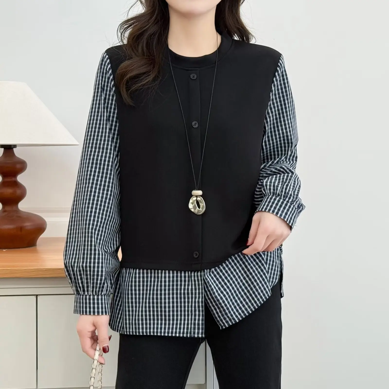 

XXXXL Fashion Plus Size Woman Clothing Blouese Spring 2026 New Plaid Patchwork Fake two-piece Sweatshirt Top 8613