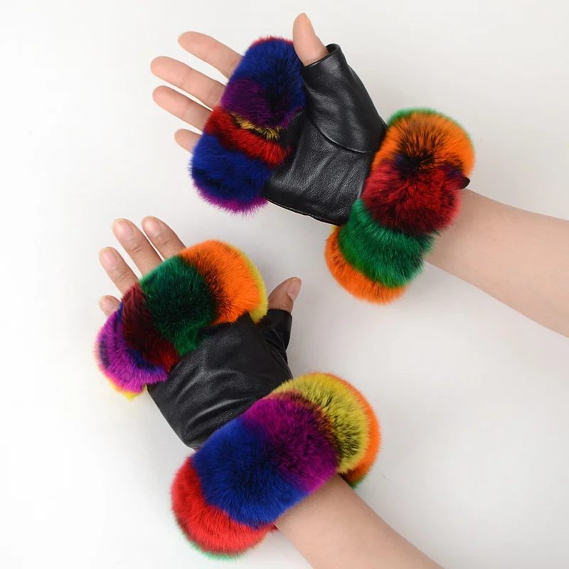 Fingerless Gloves Women Natural Rabbit Fur Glove Winter Fashion Warm Genuine Leather Fingerless Gloves Women Rabbit Fur Mittens