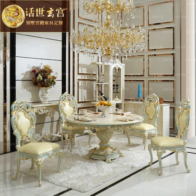 European painting round table French court villa deluxe dining table rococo painted custom restaurant tables and chairs