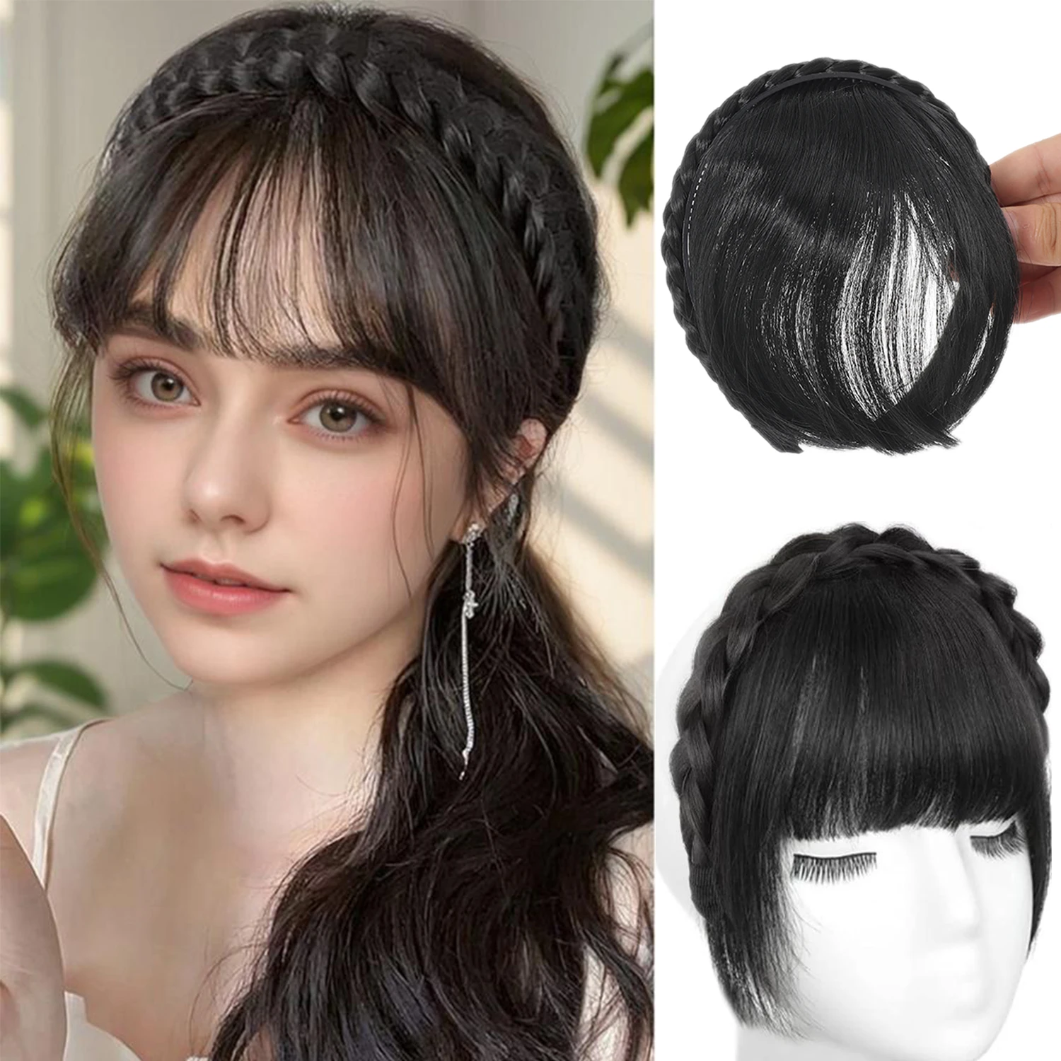 Hair Bangs With Braided Headband Hair Hoop Synthetic Clip In Hair Extensions Elegant For Daily Use