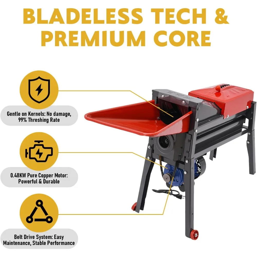 110V Electric Corn Sheller Machine, 480W Automatic Dry Corn Thresher Machine w/2 Wheels, 2204-3307lbs/Hour Heavy Duty Steel Quic