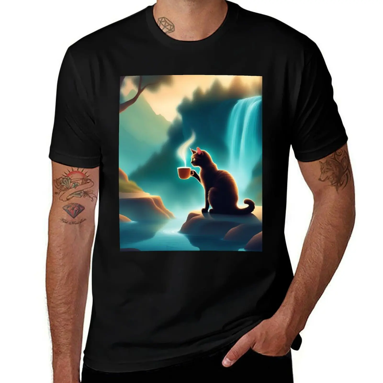 Cat Animal Creature and Cool Coffee Nature Vibes T-Shirt Athletic Quick Dry for Men T-Shirt