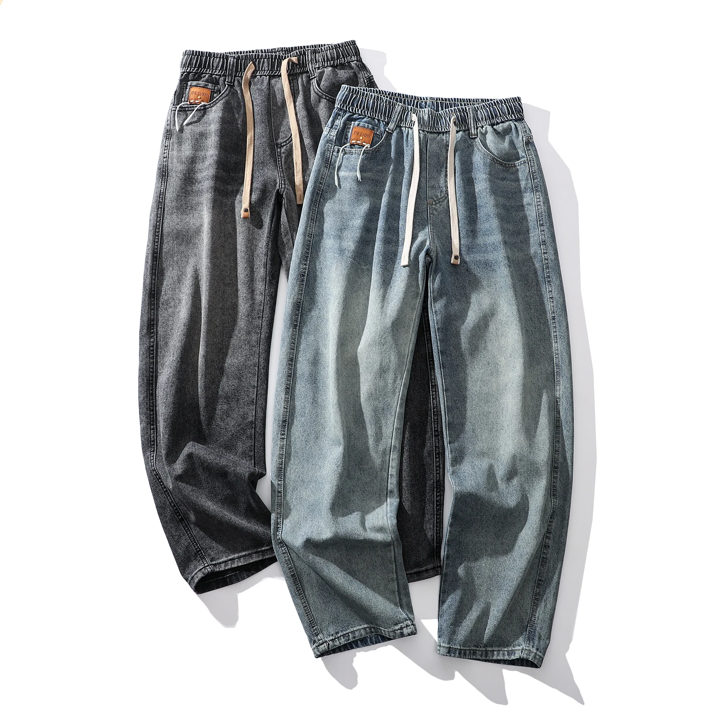

Trade King Men's Elastic Waist Jeans Vintage Fermentation Wa Bent Knife Design Spring New Arrival Youth Straight Leg Jeans