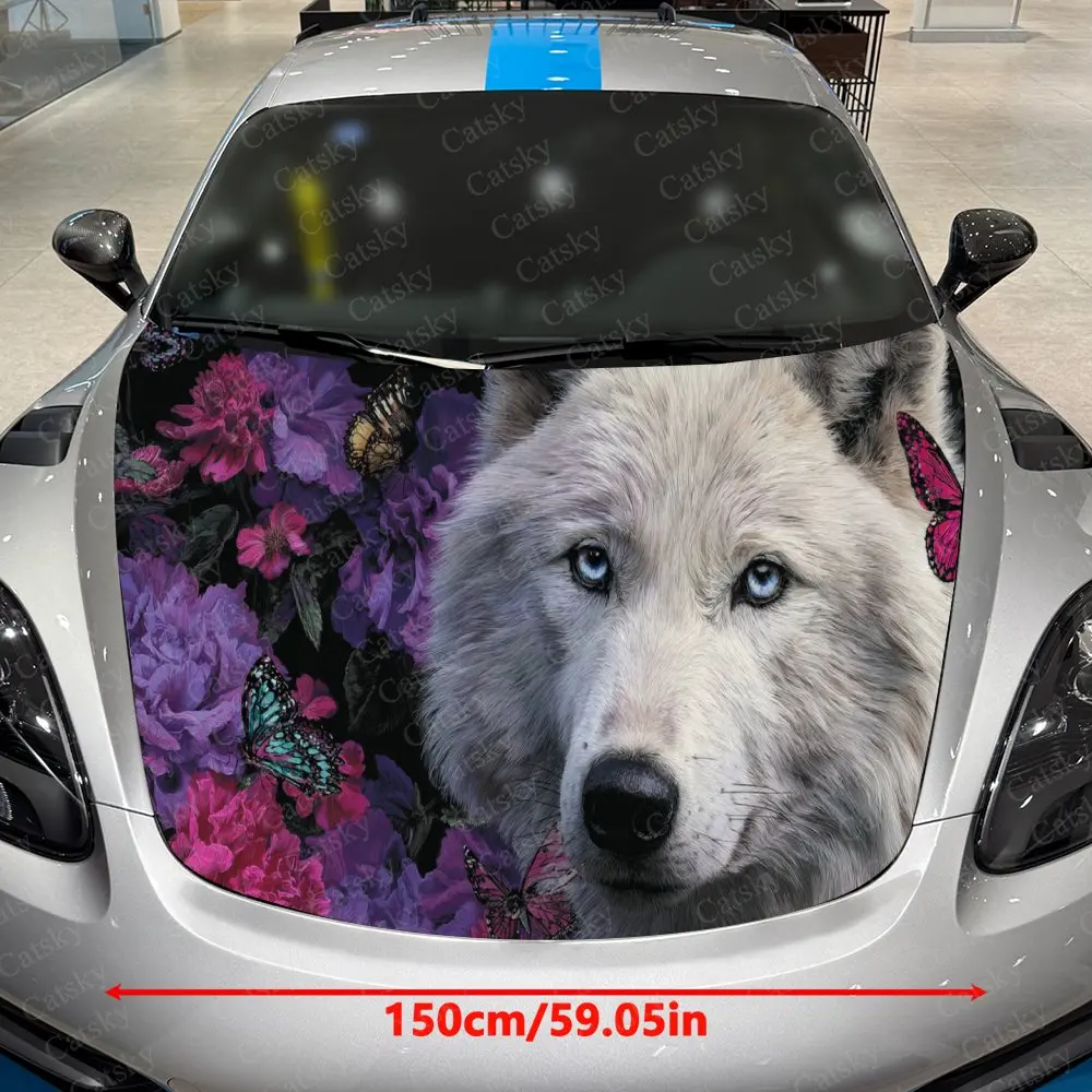Wolf & Purple Flower-Butterfly Car Vinyl Wrap, PVC Waterproof Car Hood Sticker, Self-Adhesive Scratch-Resistant Stickers