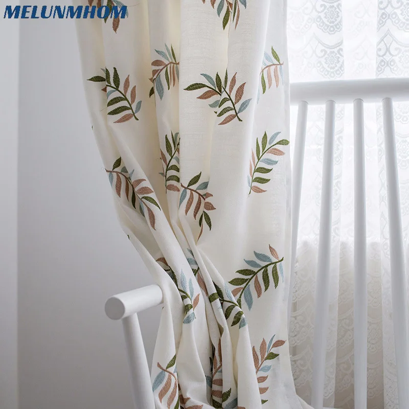 

Korean Style Embroidery Leaf Curtains for Bedroom Living Room Cotton Linen Window Treatments Blackout Curtain for Room Drapes