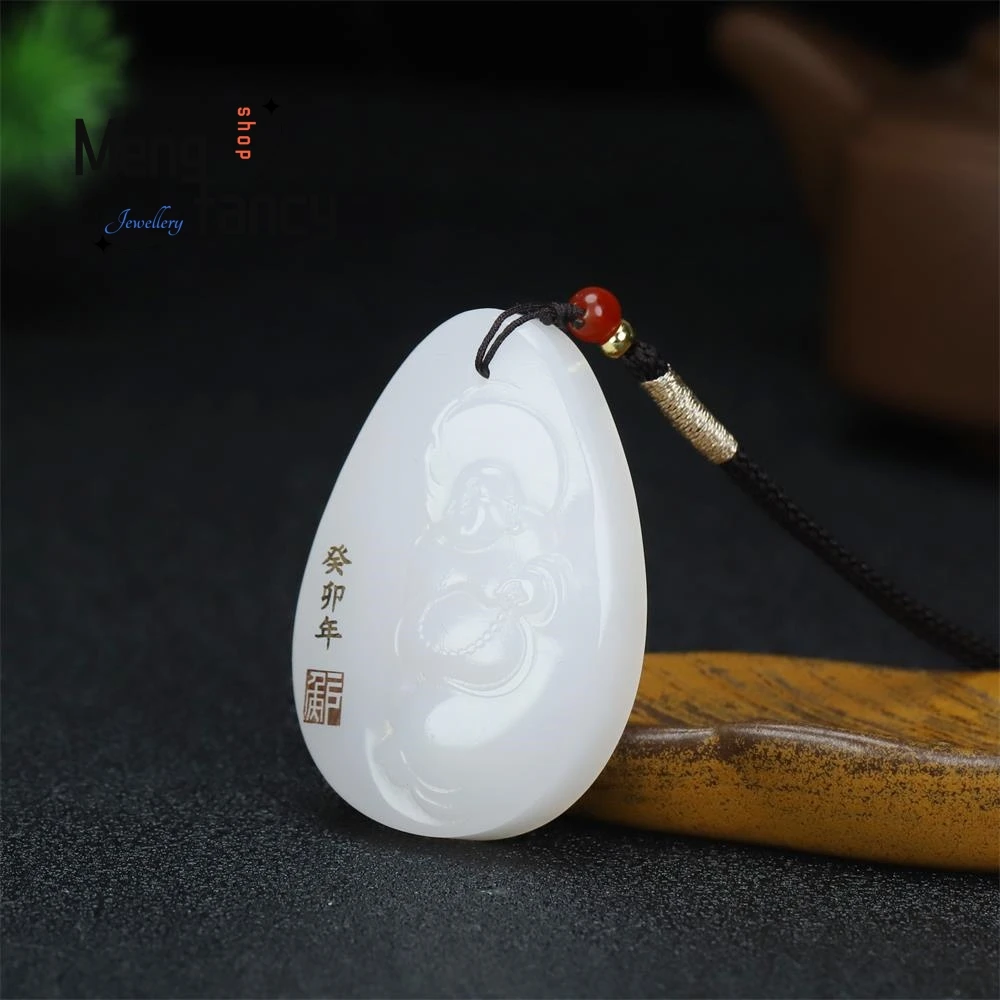 Colgante de Buda Maitreya de Jade blanco de Hetian Natural, joyería fina de moda de alto grado, amuletos budistas simples y exquisitos, regalo de vacaciones