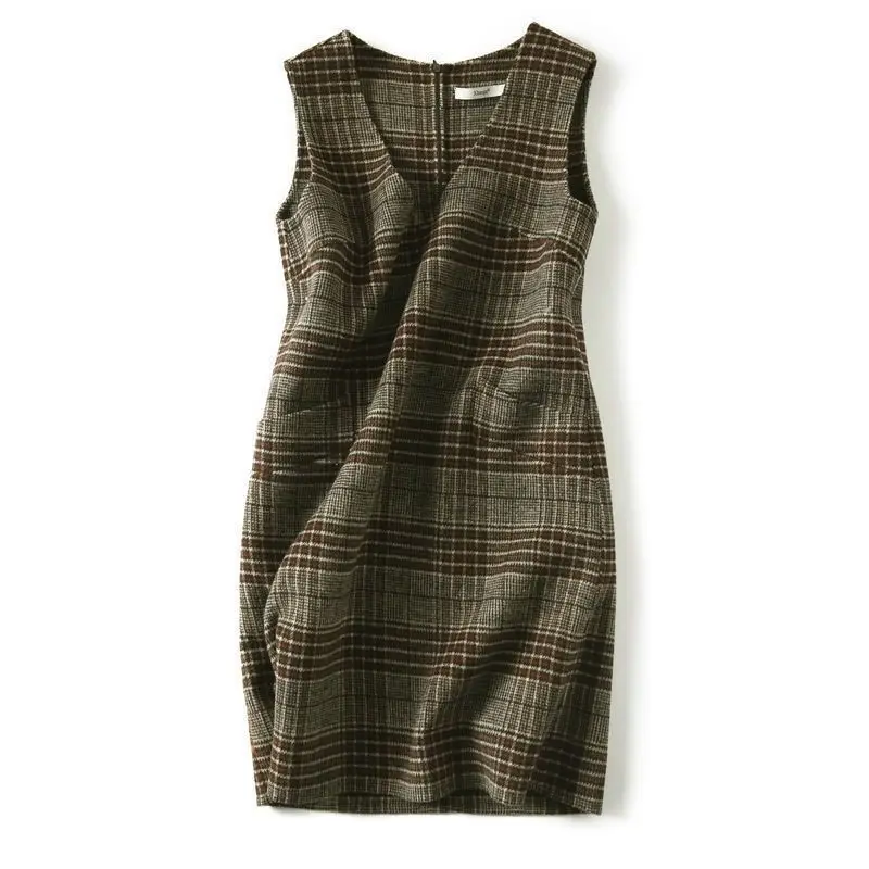 Women\'s Spring And Autumn New Mid-Length Slim A-Line Tweed Wool Vest Dress Ladies