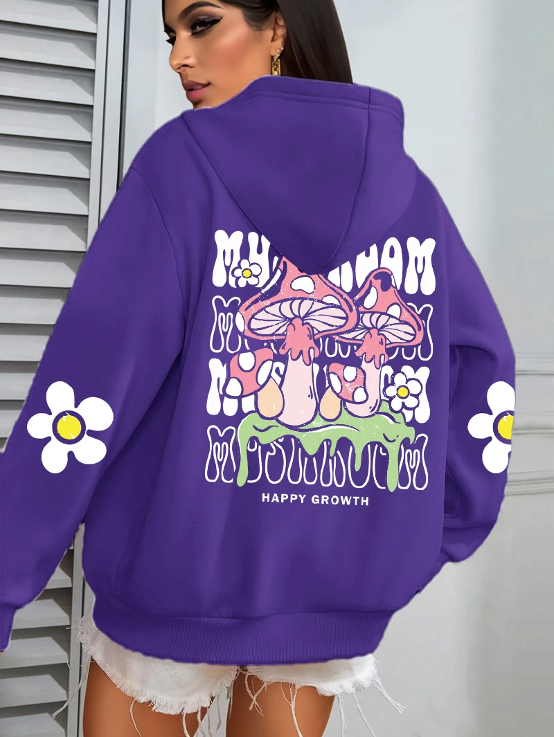 Red Mushrooms And Small Flowers Printed Female Hoodie Street Fur-Liner Pullovers Fleece Autumn Tracksuit Unisex Loose Clothing