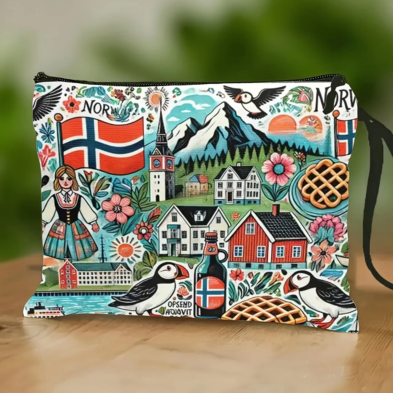 Canvas Travel Cosmetic Bag Norway Scenery Folk Pattern Makeup Storage Pouch Norwegian Flag Zipper Portable Toiletry Bag for Gift