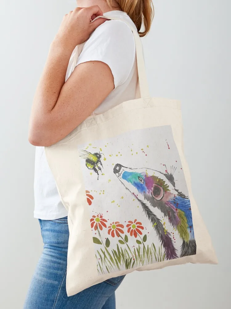 Colourful Badger and a Bee among Flowers Tote Bag Women bags cloth bag woman Canvas Tote Bag