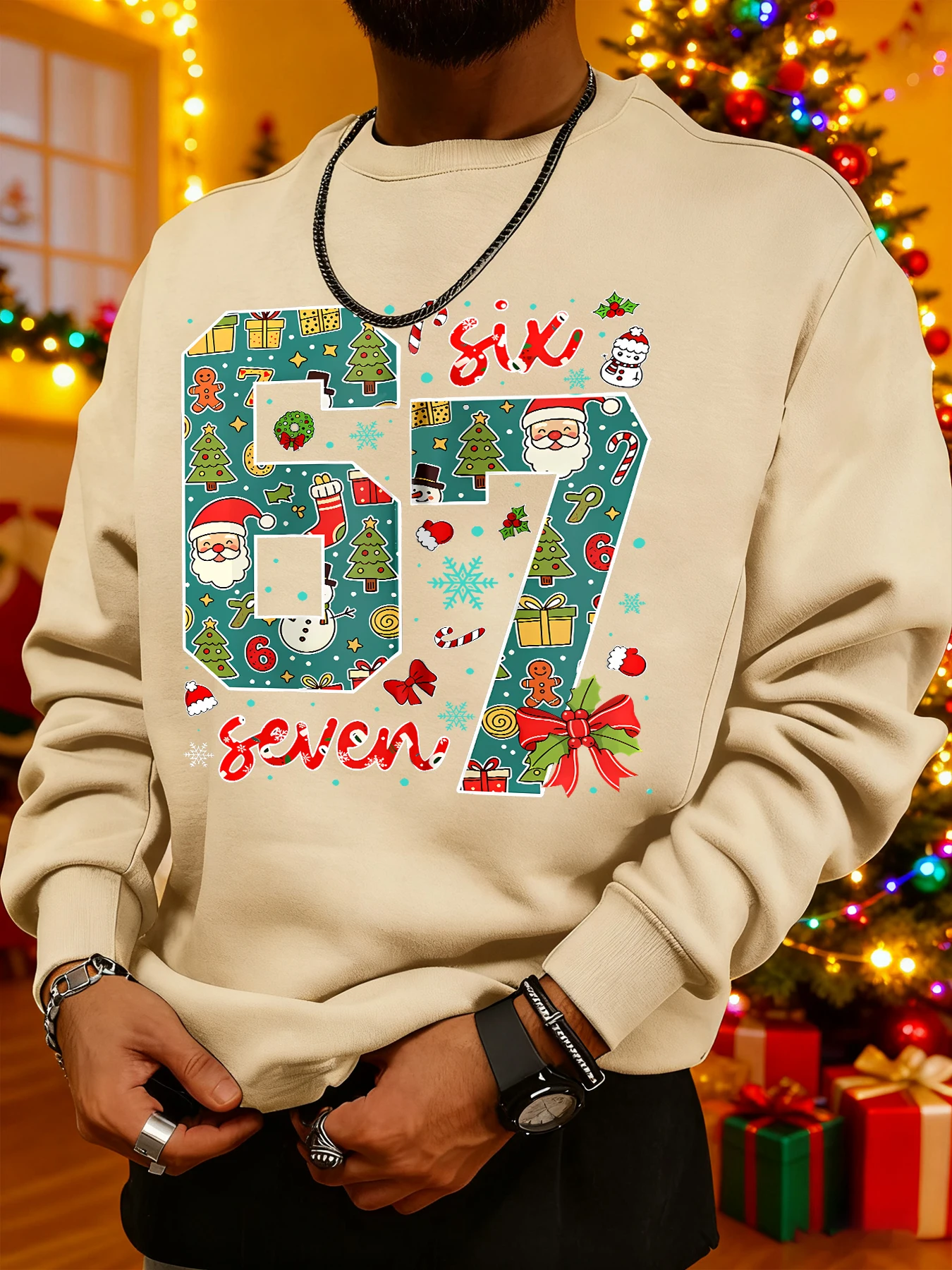 سويت شيرت رجالي، شجرة عيد الميلاد، رجل ثلج، رجل خبز الزنجبيل، قصب الحلوى، رقم 67 عناصر الخريف والشتاء العصرية #2