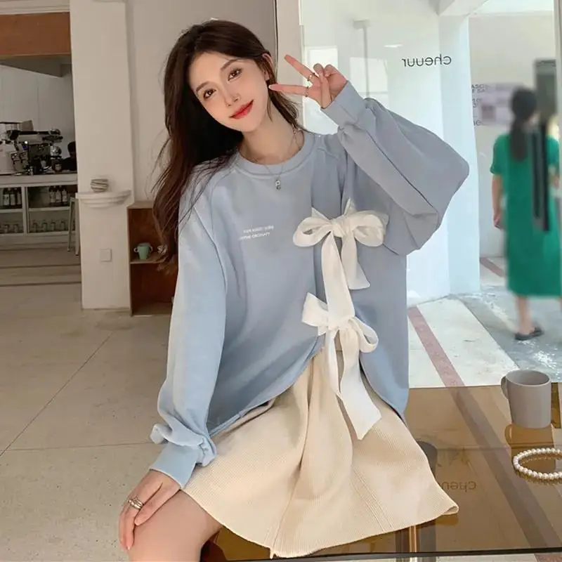 Bow Bandage Patchwork T Shirts Spring Autumn New Long Sleeve Solid Slit Hem Loose Casual Tops Korean Fashion Y2K Women Clothing